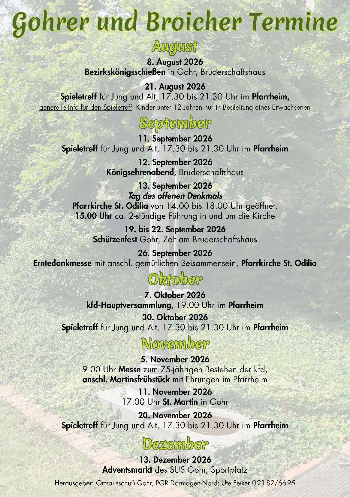 Flyer mit Terminen für Gohr und Broich