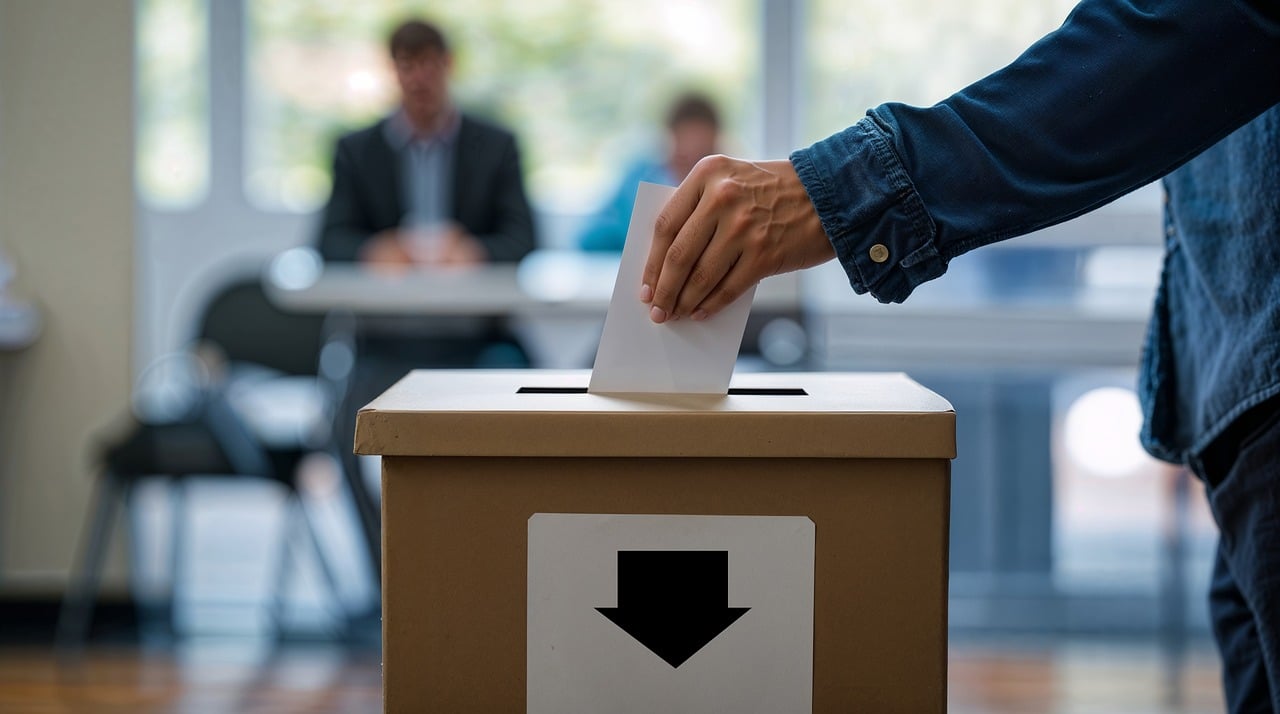 Eine Person steckt einen Umschlag in die Wahlurne